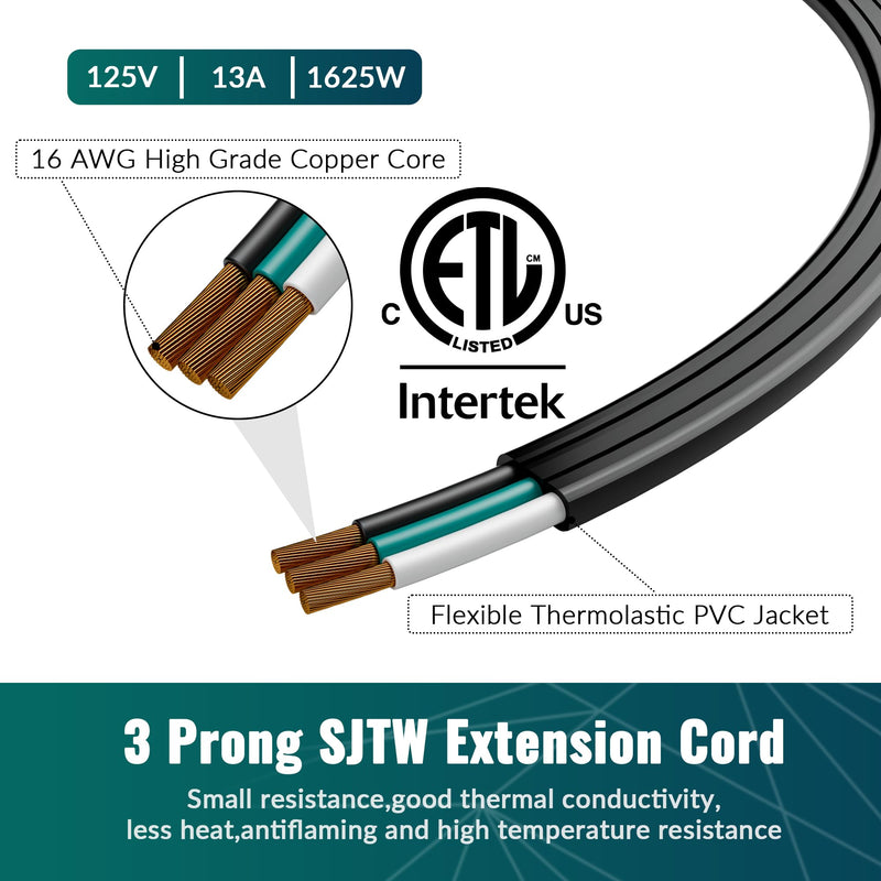 Elecan Flat Plug Extension Cord 12 Ft with Slim Space-Saving Plug Design, Thin Flat Cable Low Profile Power Cord 3 Prong Grounded Wire, 16 Gauge 13 A/125 V-Black-ETL Certified 1 Pack 12FT