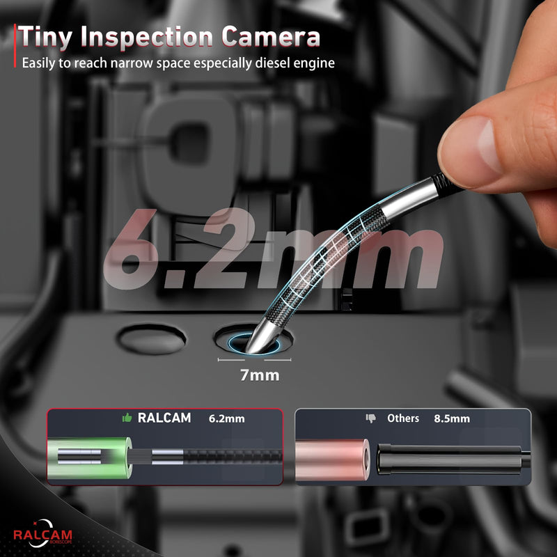 Ralcam Two-Way 210° Articulating Borescope Compatible with iPhone & Android | 6.2mm Slim Probe USB-C Flexible Endoscope Inspection Camera for Engine, Pipe & HVAC Inspection