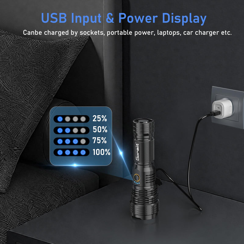 Flashlights LED High Lumens Rechargeable, Goreit 20,000 Lumens XHP70.2 Super Bright Flashlight, Flash Light Battery Powered, Powerful Handheld Flashlight with holster for Emergency Camping Hiking Gift Black