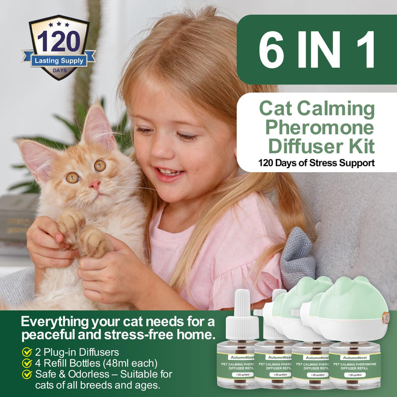 Cat Calming Diffuser Kit with 2 Plug-in & 4 Refills, Pheromone Diffuser for Cats Reducing Fighting, Scratching, Urine, Aggression, Anxiety, Fireworks, Vet Visits, Travel, 120 Day Supply, Safe Formula Bear Diffuser (with Light)