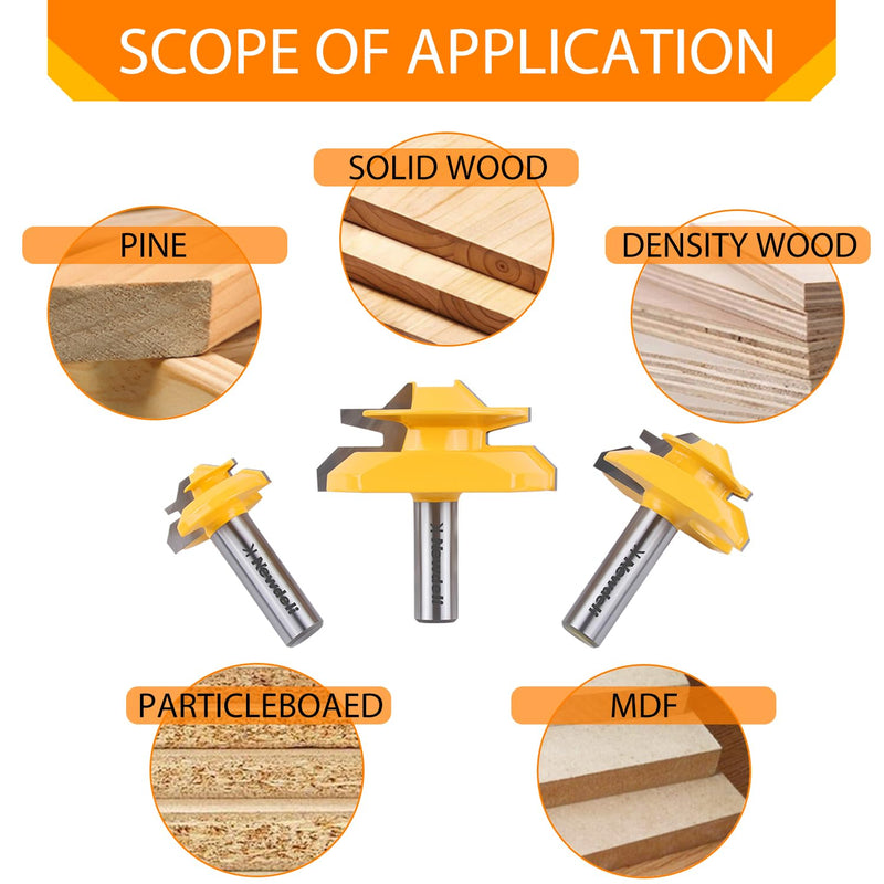 Newdeli 3PCS 45 Degree Lock Miter Router Bit Set 1/2 Inch Shank for 1/2”, 3/4", 1" Cutting Height Joint Router Bits for Creating Lock Miter Joint 1/2shank * 3PCS