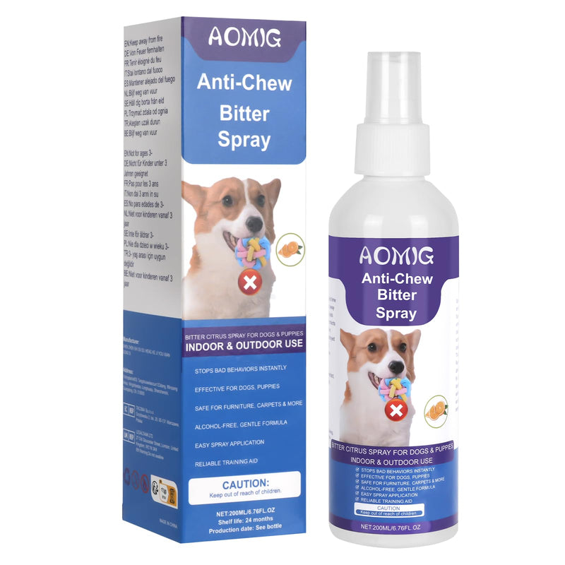 AOMIG Bitter Apple Spray for Dogs to Stop Chewing Licking, No Chew Spray for Dogs, Alcohol-Free Dog Deterrent Sprays to Anti-Chew Furniture Shoes, Indoor & Outdoor Safe Effective Training Aid, 200ml Anti-Chewing Bitter Spray
