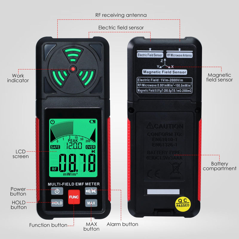 3-in-1 EMF ELF RF Meter, AC Electric Magnetic Radiation Field Detector Portable EMF Meter RF Detector for EF/RF/MF/WiFi Signal/Microwave, Emf Radiation Meter Suitable for Home, Office, Ghost Hunting
