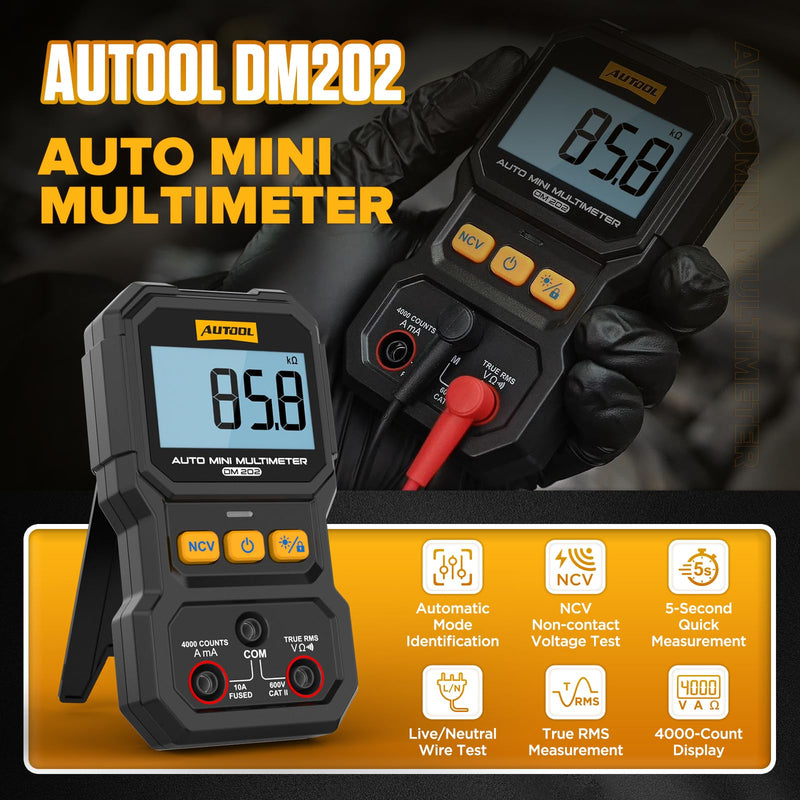 AUTOOL DM202 Mini Digital Multimeter, Auto-Ranging 4000 Counts True RMS NCV Non-Contact Voltage Tester, 600V AC/DC Voltmeter with Backlight, Automotive Electrical Diagnostic Tool