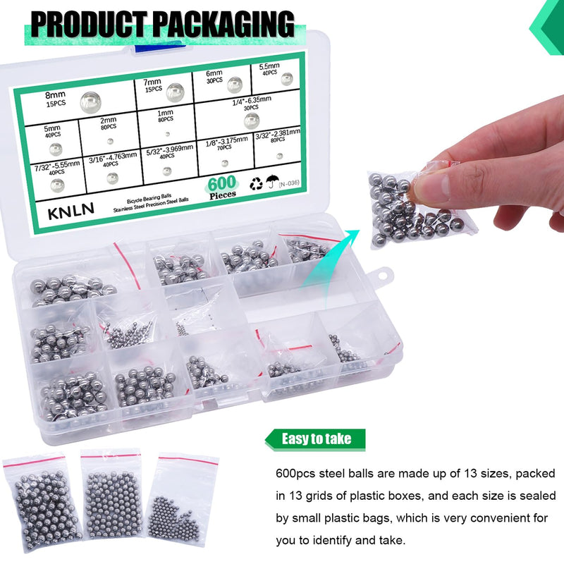 KNLN/600PCS 12 Size Bicycle Bearing Balls Stainless Steel Precision Steel Balls Stainless Steel Assorted Loose Kit 1mm,2mm,5mm,5.5mm,6mm,7mm,8mm,1/4" 7/32" 3/16" 5/32” 1/8" 3/32" N-036-600PCS