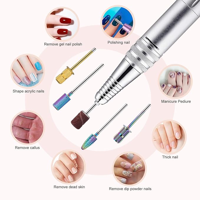 Sanding Bands for Nail Drilling with 13 Nail Drill Bits, 250 Pieces File Sanding Bands Set, 3/32" Tungsten Carbide Files, 5 Colors Sanding Bands (Acrylic Gel Nails, Manicure Pedies #80#120#180 Grit) - NewNest Australia