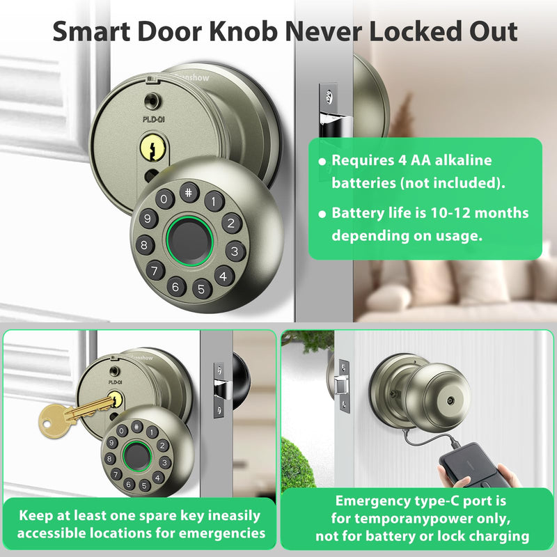Smart Door Knob Fingerprint Door Lock 4-in-1 Keyless Entry (Fingerprint/App/Code/Key) with Auto-Lock Easy Install for Home/Bedroom/Office-Silver Silver