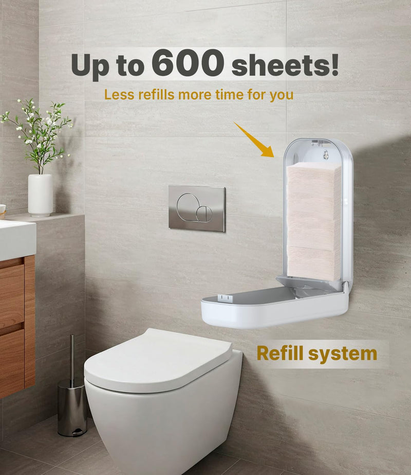 MOTIVE Shabbos Toilet Paper Dispenser, Holds up to 600 Sheets, Pre Cut Shabbos Tissue Dispenser with Lock Key, Adhesive or Drilling Compact Wall Mount, Easy Installation for Bathroom (White)