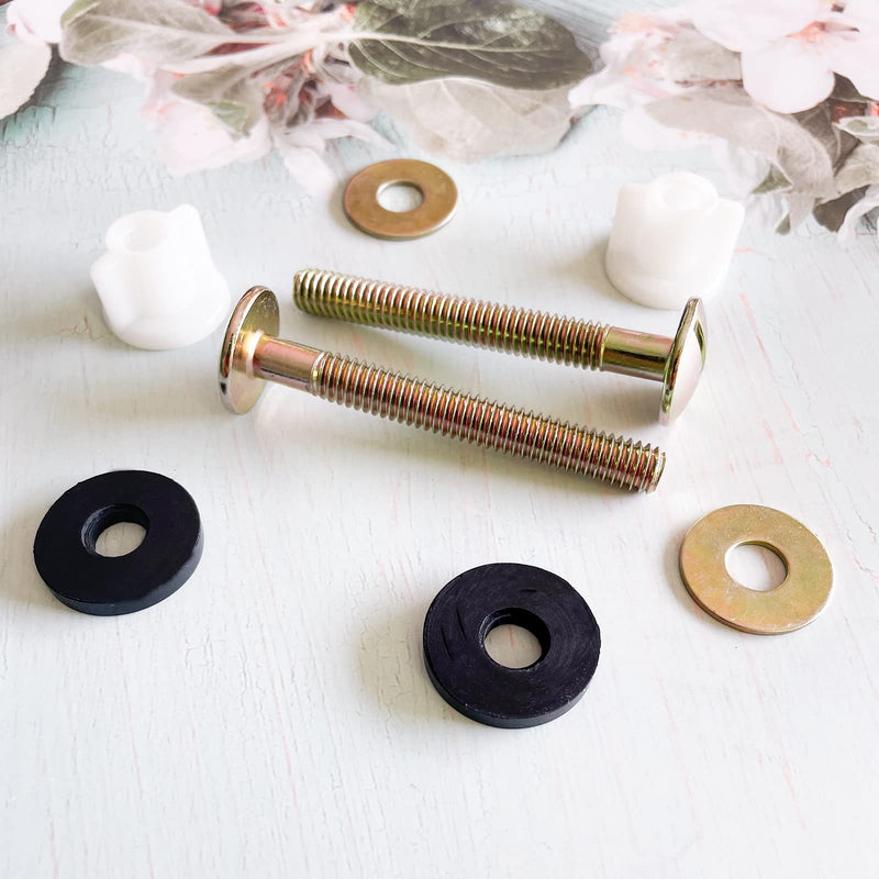 2Pcs Universal Toilet Seat Bolt and Screw Set, Heavy Duty Toilet Seat Hinge Bolts with White Plastic Nuts, Metal and Rubber Washers, Replacement Parts for Top Mount Toilet Seat Hinge