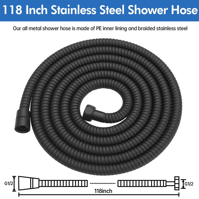 RUMOSE Shower Hose 118 inches Shower Head Hose Shower Head Extension Hose Extra Long Stainless Steel Shower Hose Attachment Flexible Handheld Shower Sprayer Hose, Matte Black 118 in