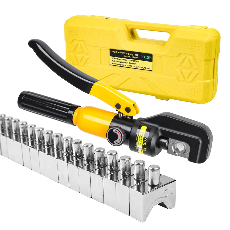 YUZES Hydraulic Crimping Tool 10 Tons 12 AWG to 00 (2/0),Battery Cable Crimping Tool with 4/6/8/10/16/25/35/50/70mm² Hexagonal Crimping Mold,Hydraulic Hose Crimper for Electrical Terminal Cable Wire YQK-70