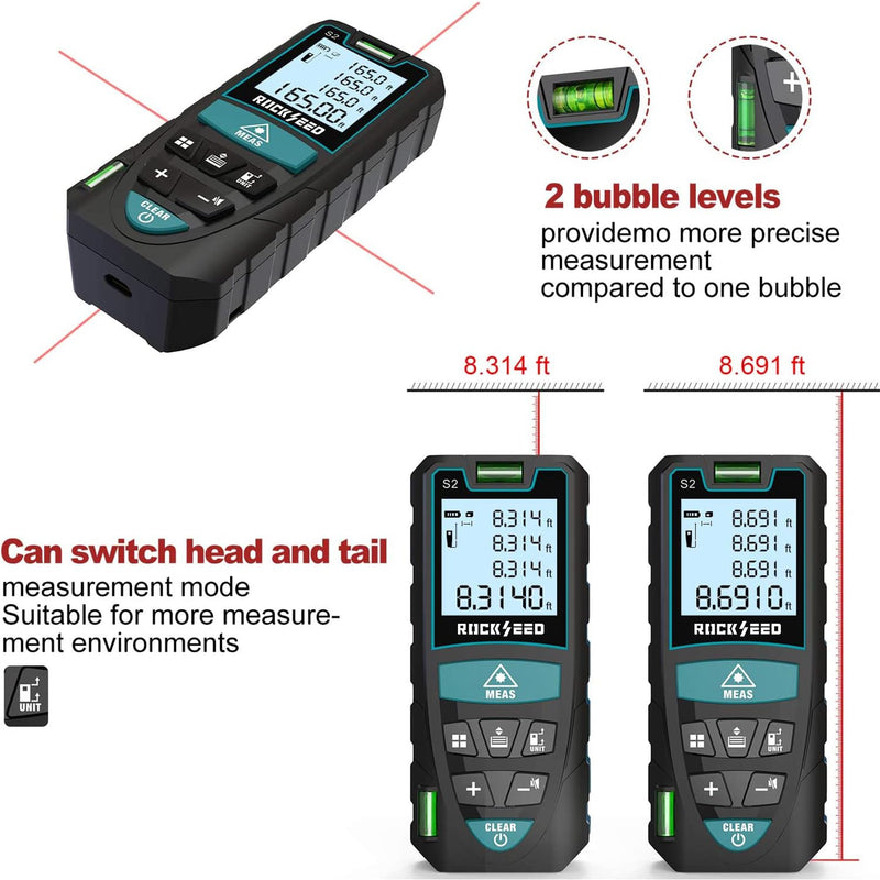 Laser Measure 50M/165ft,RockSeed Digital Laser Distance Meter with 2 Bubble Levels,Portable Laser Rangefinder M/in/Ft Unit Switching Backlit LCD and Measuring Distance/Area/Volume/Pythagorean 165 Feet