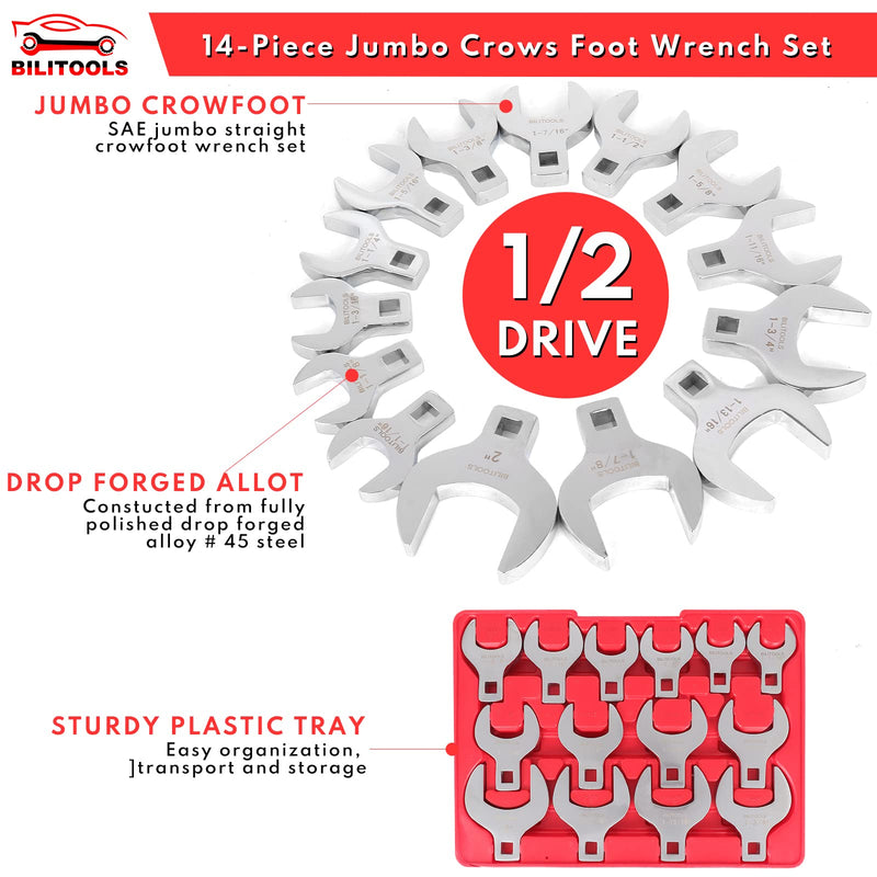 BILITOOLS 14-Piece Jumbo Crows Foot Wrench Set, 1/2" Drive Big Crowfoot Wrench, SAE, 1-1/16" - 2" mm, CR-V Steel Sae, 1-1/16" - 2"