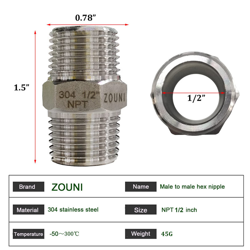 4PCS Hex Nipple 1/2" Male x 1/2" Male Pipe Fittings, 304 Stainless Steel 1/2 inch NPT Male Threaded Pipe Adapter Fittings Equal Nipples Connectors, Male Straight Connector Pipe Fitting 0.5 Inch