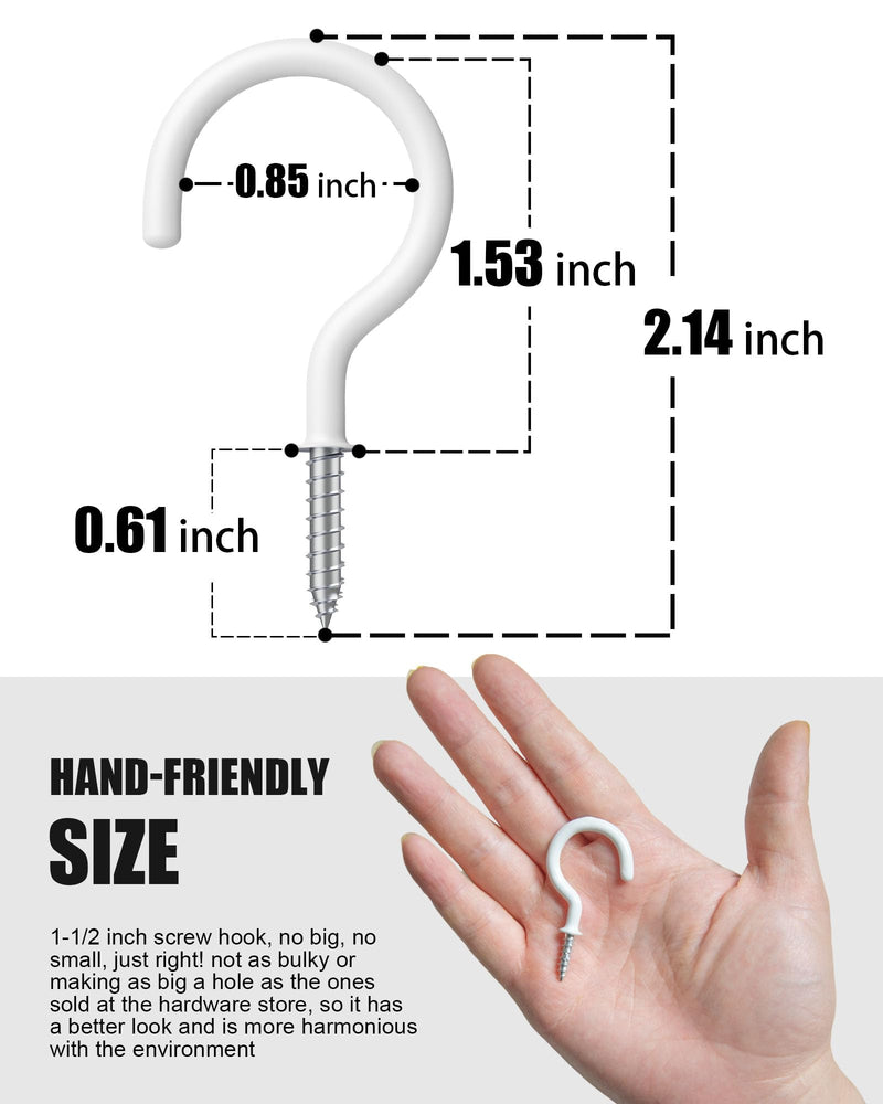 Ceiling Hooks – Vinyl Coated Screw Hooks – 1-1/2 Inches Cup Hooks – Screw-in Hooks – 20 Pack – White