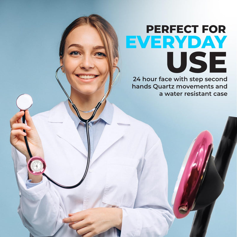 Nurse Stethoscope Watch - Lightweight Metal Frame- Attaches Directly to Stethoscope for All Medical Professionals - Pink