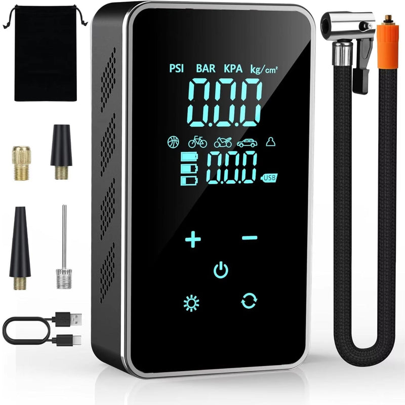 Tire Inflator Portable Air Compressor – 150 PSI Cordless Electric Pump with Digital Pressure Gauge, LED Touchscreen, Auto Shut-Off, Flashlight, and 5 Preset Modes for Cars, Motorcycles, Bikes & Balls
