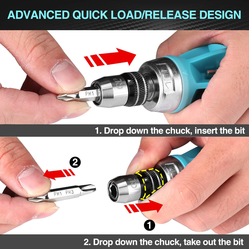 DURATECH Stubby Ratcheting Screwdriver, 12-in-1 Multi-bit Short Screw Drivers, Premium S2 Steel, Innovated Bits Quick-Load Mechanism, with Phillips, Slotted, Torx, Square Bits Stored in Handle