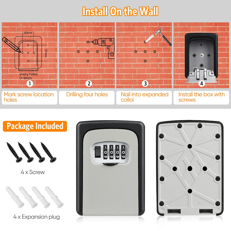 Key Lock Box Wall Mounted, Fayleeko 4 Digit Combination Lockbox for Outside, House Keys - 5 Keys Capacity, Key Safe Security Storage Lock Box for Indoor, Outdoor, Garage, Garden, Store (Grey, 1Pack) Grey 1