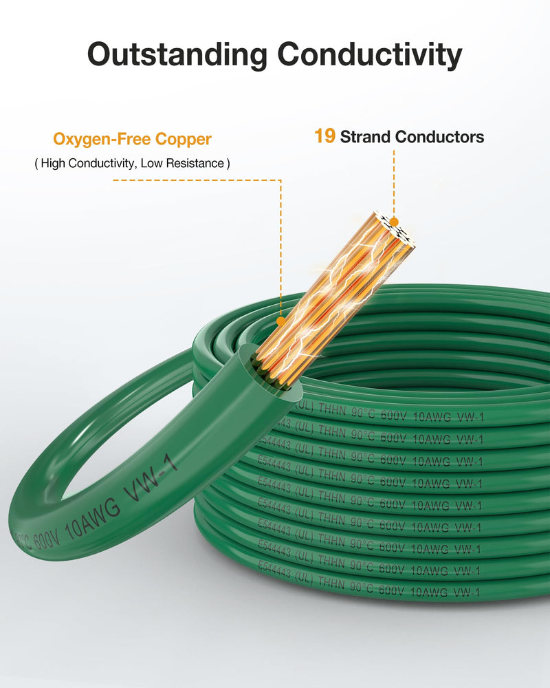 10 Gauge THHN Wire, 10 AWG Stranded Oxygen-Free Copper Wire, Flexible PVC/Nylon Jacket, 600V Rated Grounding Cable for Residential, Inverter, Electrical Box (30 FT, Green) 10awg 30ft