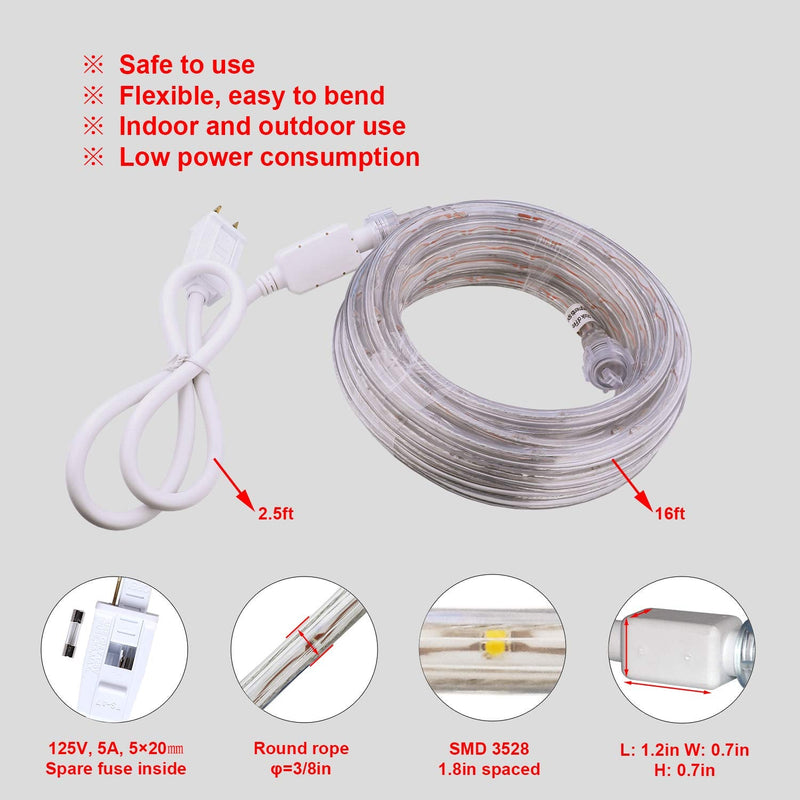 Red LED Lights, 16ft Rope Lights, Flexible and Connectable Strip Lighting, Waterproof for Indoor Outdoor Use, 360 Beam Angle, High Brightness for Home Christmas Thanksgiving Halloween Red