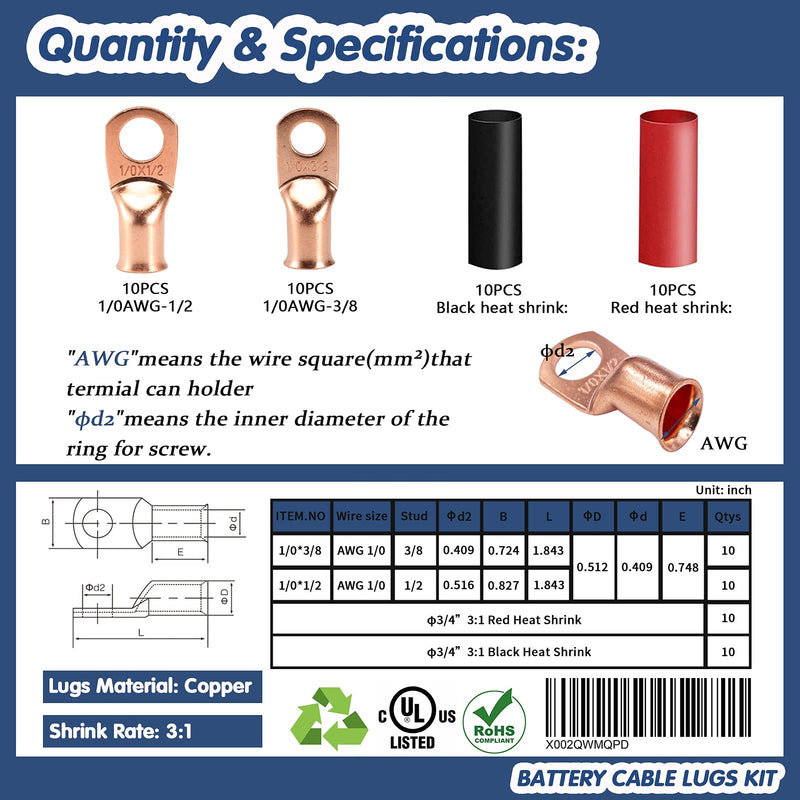 HerMia 20 Pack UL Heavy Duty Wire Lugs 1/0 AWG-1/2'', 1/0 AWG-3/8'' Tubular Ring Terminals Connectors Battery Cable Ends, Bare Copper Eyelets with 3:1 Dual Wall Adhesive Heat Shrink 1/0 AWG KIT