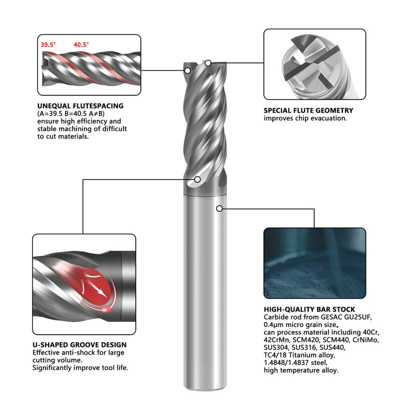 5PCS Carbide End Mill Set 3/32” HRC70 4 Flute Square Nose CNC Milling Bits, Carbide Rod from GESAC, for TC4/18 Titanium Alloy, 1.4848/1.4837 Steel, Stainless Steel, High Temperature Alloy 3/32 in 5