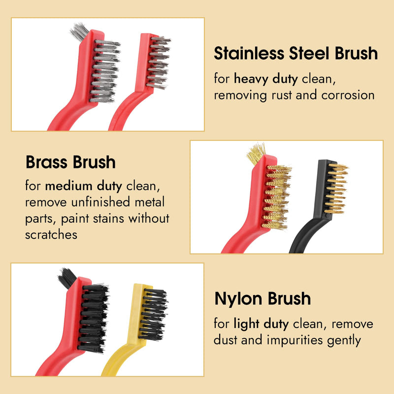 6 Pieces Wire Brushes, Metal Brush, Brass Brush, Stainless Steel Brush, Nylon Brushes, Small Wire Brush Set for Cleaning Metal Rust and Paint Removal