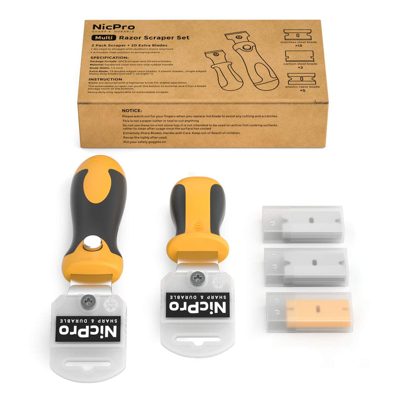 Nicpro 2 PCS Muti-Purpose Razor Blades Scraper Set With 20 Blades Industrial, Adjustable Handle, Cleaning Glass Window Wall Paint, Label Sticker Decal Removal