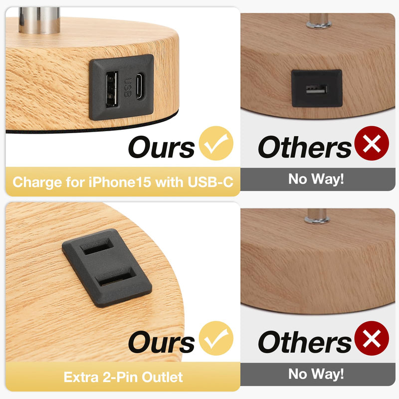 Bedside Table Lamp for Bedroom - 3 Way Dimmable Touch Lamp USB C Charging Ports and AC Outlet, Small Lamp Wood Base Round Flaxen Fabric Shade for Living Room, Desk, LED Bulb Included Cream Shade-Wood Base 14" Touch Control