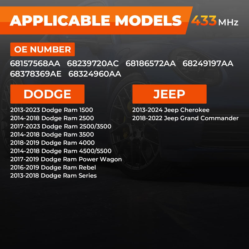 TPMS Sensor, 4-Pack Tire Pressure Monitoring Sensor Compatible with Dodge RAM 1500 2500 3500 4500, Jeep Cherokee Replaces 68249197AA 68157568AA 433mhz 4 PCS