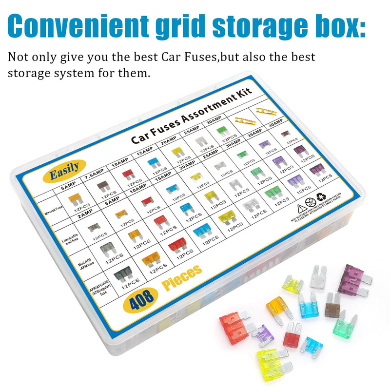 408 PCS Car Fuses Assortment Kit Standard Mini LP Mini Micro2 Blade Fuse ATO ATC APS ATS APR 2A 5A 7.5A 10A 15A 20A 25A 30A 35A 40A Replacement Fuses for Cars Trucks RVs Boat, with 1 PC Fuse Puller