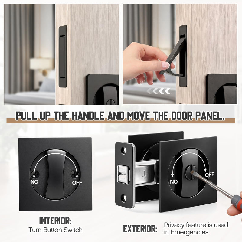 Hicarer 1 Set Pocket Door Privacy Lock with Edge Pull, 2-3/8" Backset, Stainless Steel, 2 Sided Recessed Knob, Pocket Door Hardware for 1-3/8" to 2-3/16" Bathroom & Sliding Doors (Square,Black) Black Square