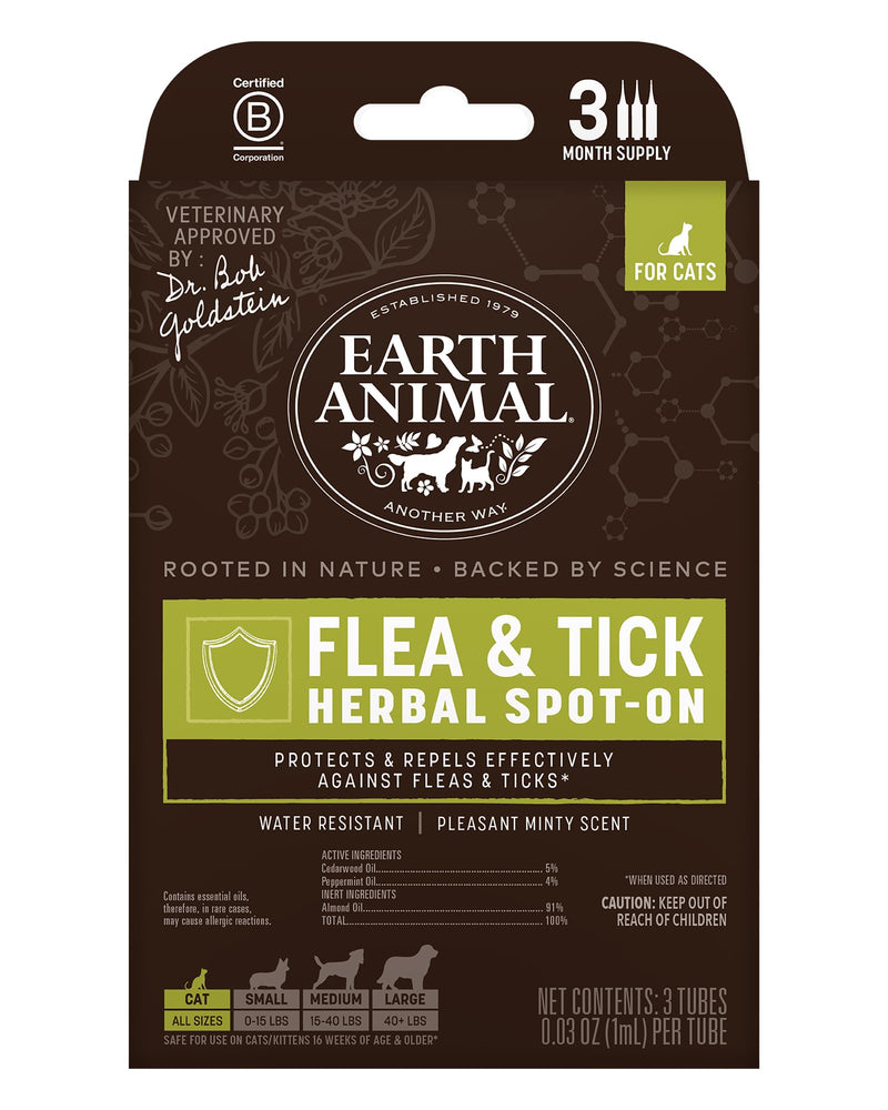 Earth Animal Apothecary Natural Flea & Tick - Herbal Spot-On for Cats - 3 Applications (3 Month Supply)