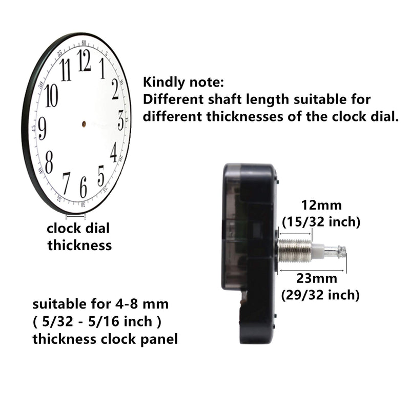 Youngtown High Torque Long Shaft Clock Movement Mechanism with 12 Inch Long Spade Hands 29/32 inch Total shaft length Black