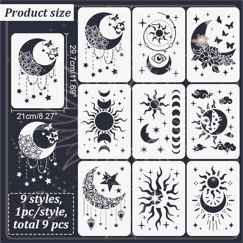 INFUNLY 9PCS/Set Sun Moon Wall Stencils for Painting 12x8 Mandala Tile Stencil Large Flower Star Concrete Floor Stencils Reusable Drawing Template for Painting Wood Canvas Furniture Patio Home Decor Star Moon Stencil