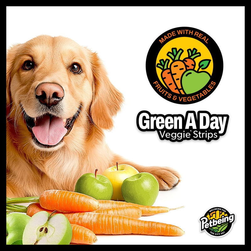 Green A Day Veggie Strips for Dogs | Carrot & Apple Vegetarian Supplement Chews | Healthy Fruit & Vegetable Treats | 4 Pack, 3 oz Bags Carrot, Apple