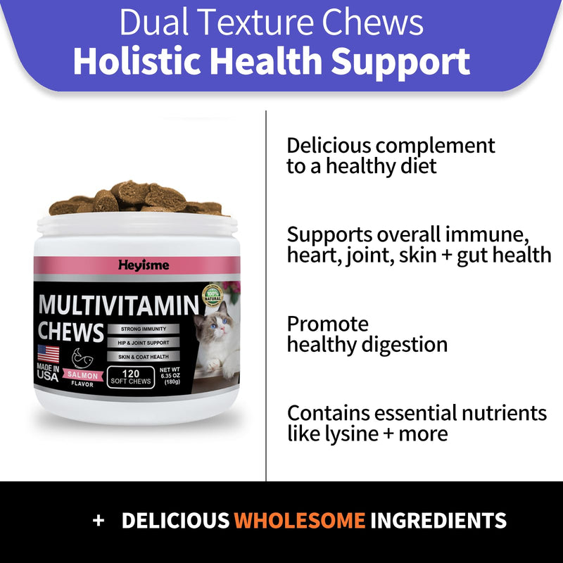 Lysine Supplement for Cats, Cat Treats for Sneezing and Runny Nose, Cat Cold, Cat Immune Support, Eye Function, and Respiratory Health, L-Lysine Cat Vitamins for Cats (Salmon, 120 Chews)