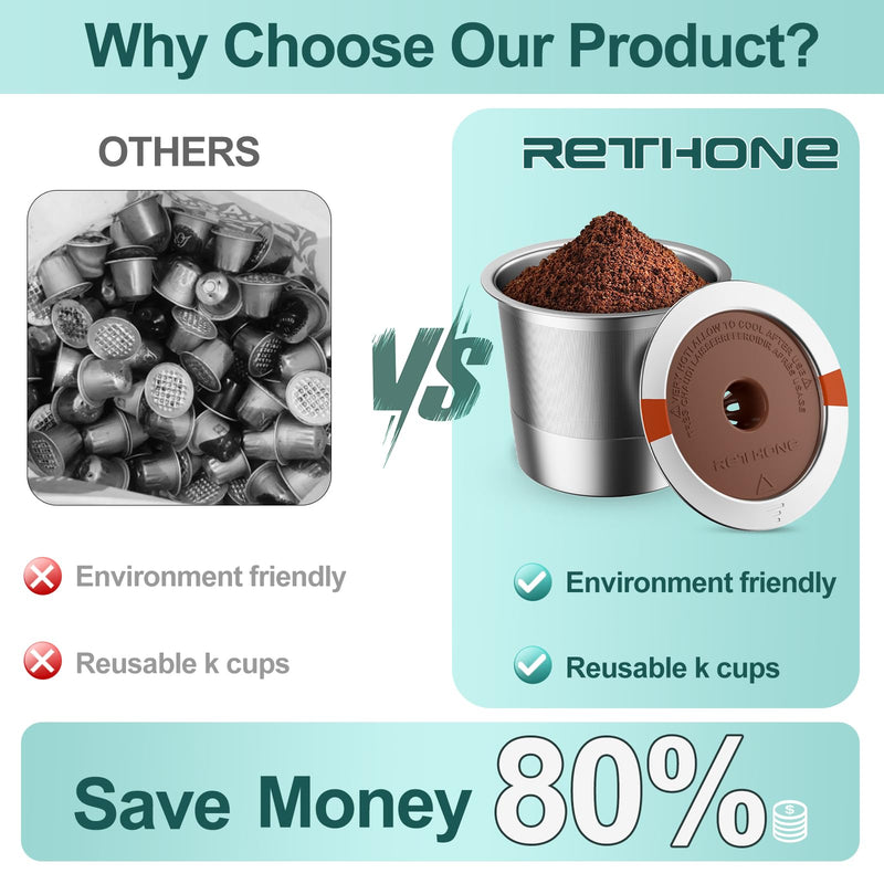 RETHONE K Cup Reusable Coffee Pods, Stainless Steel Reusable K Cups Compatible with Keurig 1.0 & 2.0 Coffee Machines Brewers Refillable K Cups (2 Pack) 2 PACK