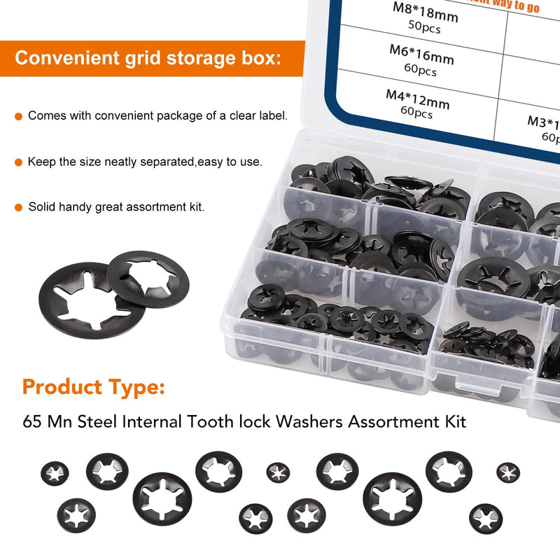 350Pcs Internal Tooth Star Lock Washers M3/M4/M5/M6/M8/M10/M12 Push On Speed Clips Fasteners Assortment Kit (Black) Black