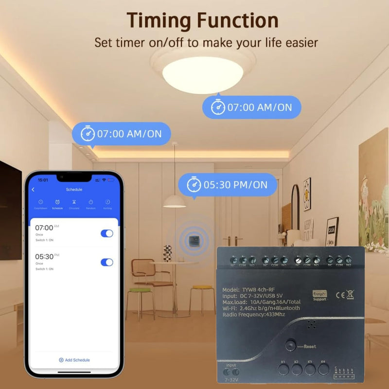 Tuya WiFi Smart 4 Channel 7-32V Relay Switch Module,Dry Contact,Passive Output,Wireless Relay Controller with External Switch Pin,Compatible with Alexa Google Home