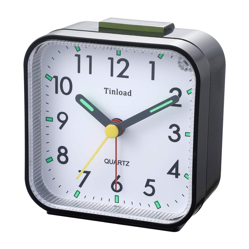 Small Battery Operated Analog Travel Alarm Clock Silent Non Ticking, Gentle Wake, Ascending Beep Sounds, Snooze,Lighted on Demand, Easy Set(Black) Black