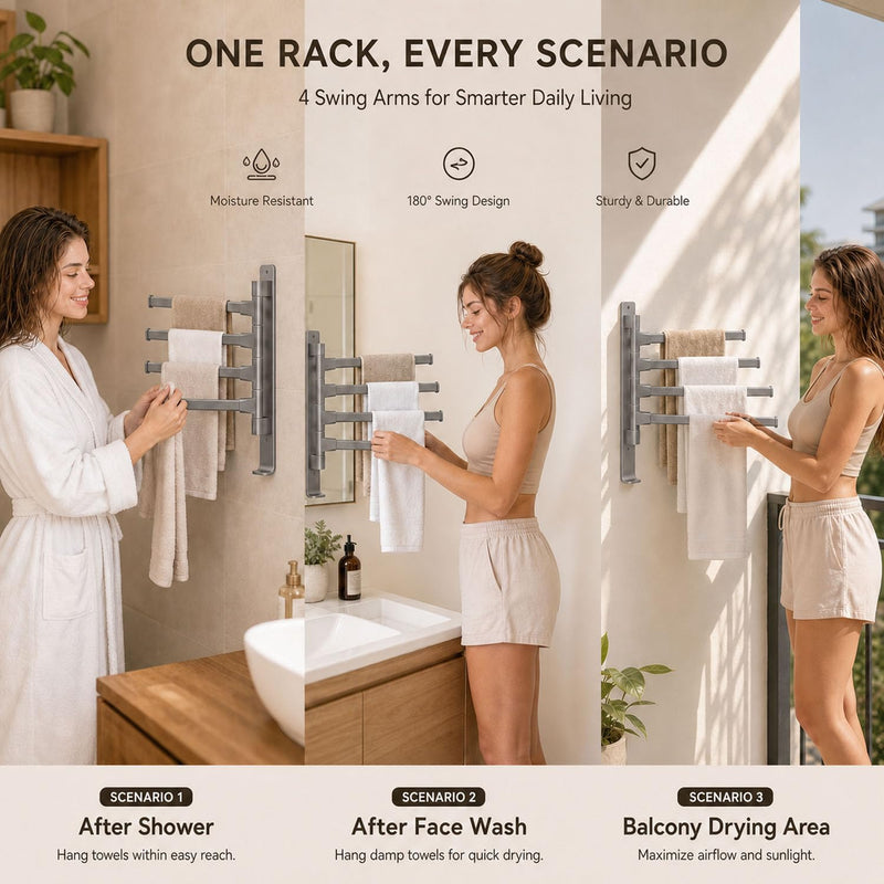 4 Arms Swivel Towel Rack Thicken Towel Holder with Hook Space Saving Towel Bar Wall Mount Swivel Towel Racks for Bathroom Kitchen-Grey Grey 4-arm