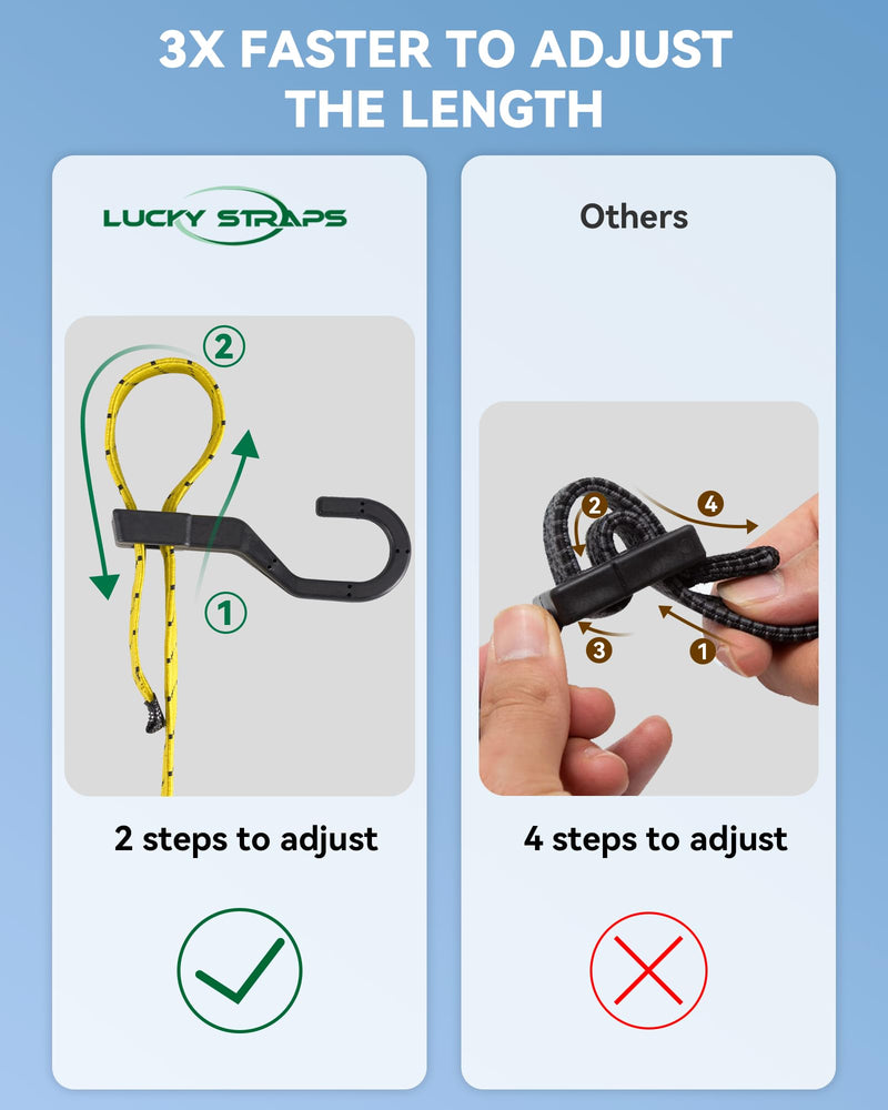 6 Pcs 48 Inch Flat Adjustable Bungee Cords with Hooks, 3X Faster to Adjust The Length, Lucky Straps Black/Yellow Heavy Duty Bungee Straps for Cargo, Bike, Cart, Tent, Truck, Camping, Outdoor, etc