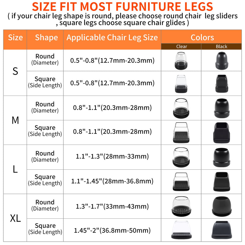 24 PCS Chair Leg Sliders for Carpet, Square Chair Glides, Furniture Leg Protectors Caps, Carpet Protectors Table Feet Covers Cups, Teflon Furniture Pads Sliders No Scratches (Fit 1.1" - 1.45", Clear) L - Clear