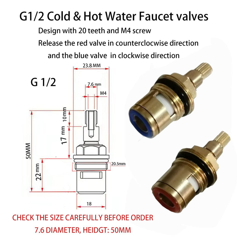 Ceramic Stem Cartridge Brass Ceramic Disc Cartridge G1/2" Faucet Valve Replacement for Bathroom Kitchen (2 Packs, Cold & Hot)