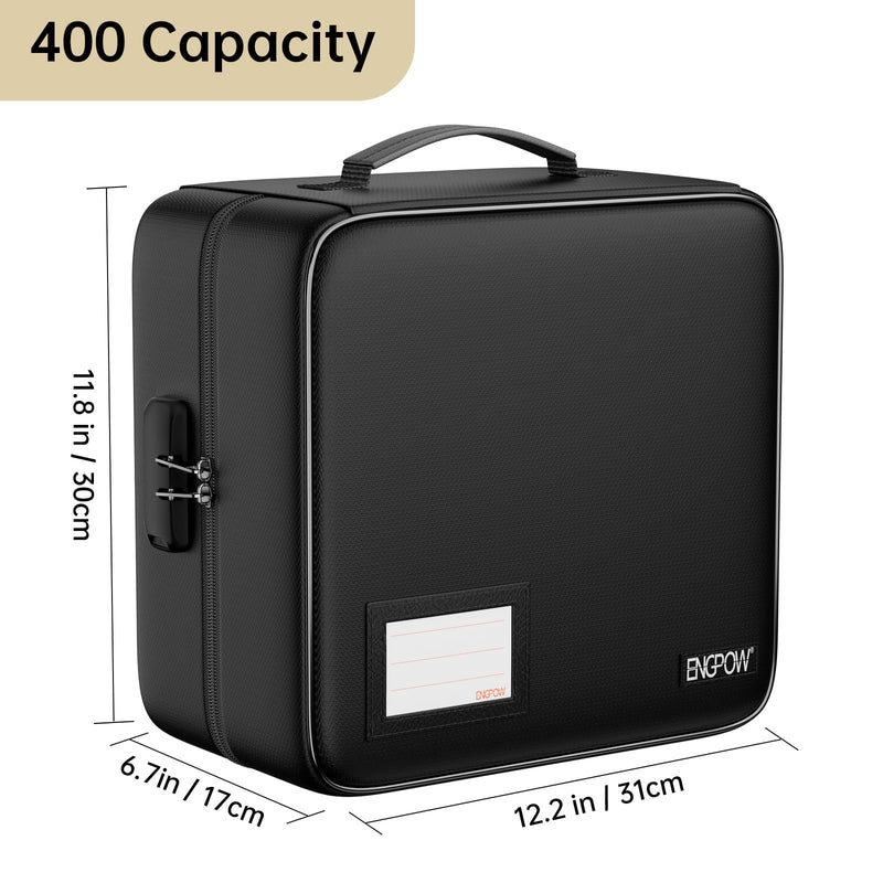 ENGPOW CD/DVD Storage Case with Lock,Fireproof CD/DVD Case Binder,400 Capacity CD Organizer Binder DVD Storage Holder with Zipper＆Handle,Portable Storage Binder Safe for Home Office Travel Car,Black 400 Capacity-with Lock