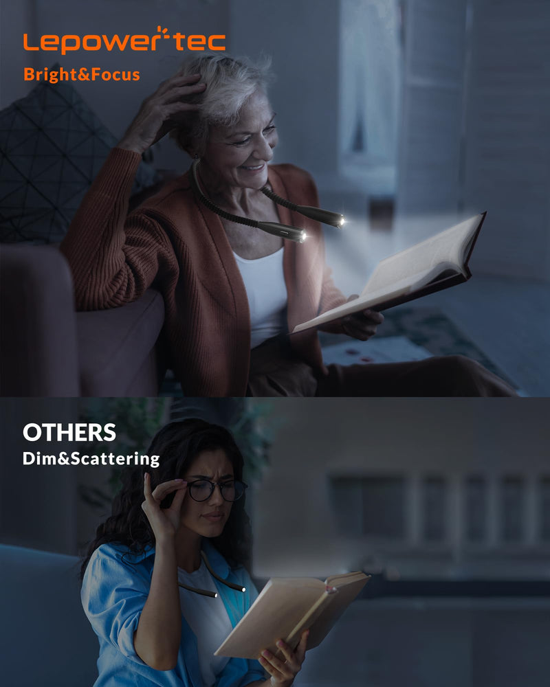 Neck Reading Light, 3-Color & 5-Brightness Neck Light, Book Light for Reading in Bed, Rechargeable Lamp with Comfortable Silicone Arm, Eye-Caring Neck Light for Reading, Knitting, Crafting