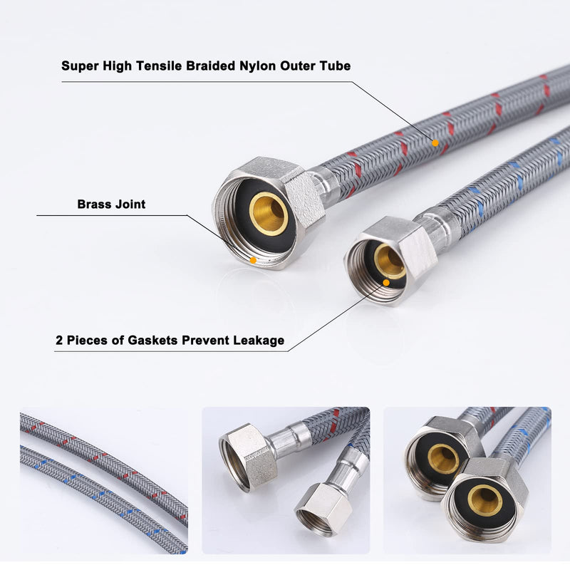 Faucet Supply Lines, ARCORA 9" Length Bathroom Kitchen Faucet Connector Braided Nylon Water Supply Line 3/8" Comp x 1/2" Comp 2Pcs (1 Pair) 9 Inch