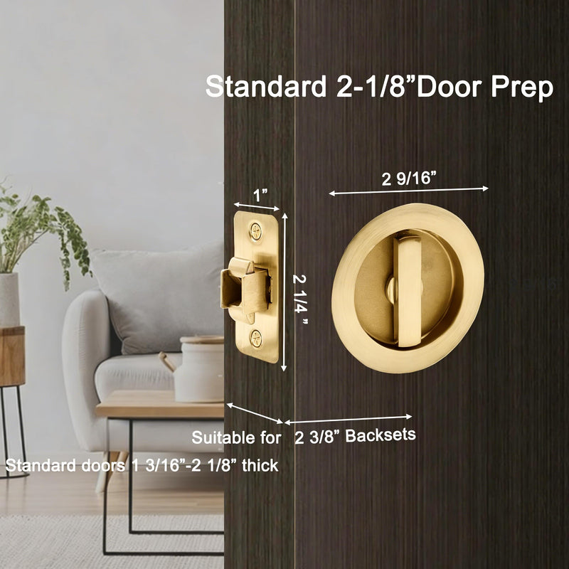 Dontay Pocket Door Passage Latches Lock,Flush Double Sided Rotation,Privacy (Bed/Bath) Latch,Large Lever,Hardware for 1 3/8" to 2 3/16" Sliding Door & Bathroom Doors (Satin Brass, Round - 1 Set) Satin Brass